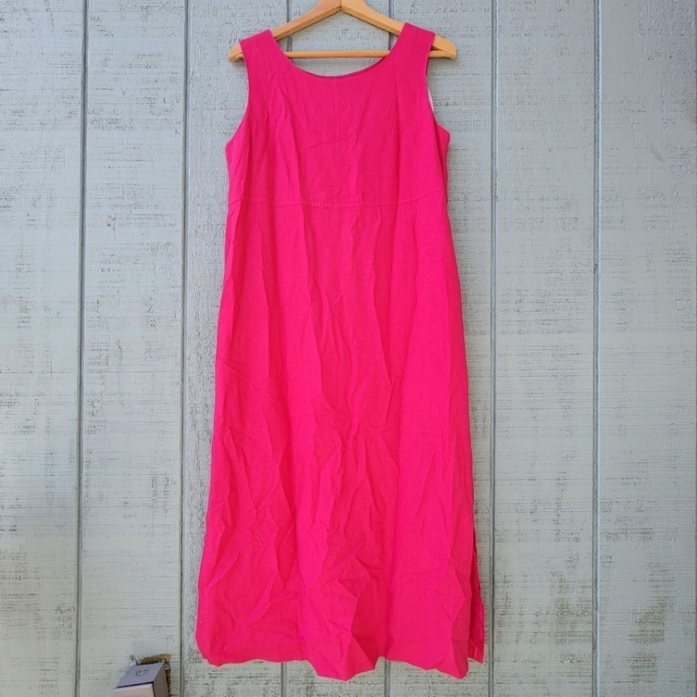 Vintage 90s Sag Harbor Linen Blend Maxi Dress size 10 Hot Pink